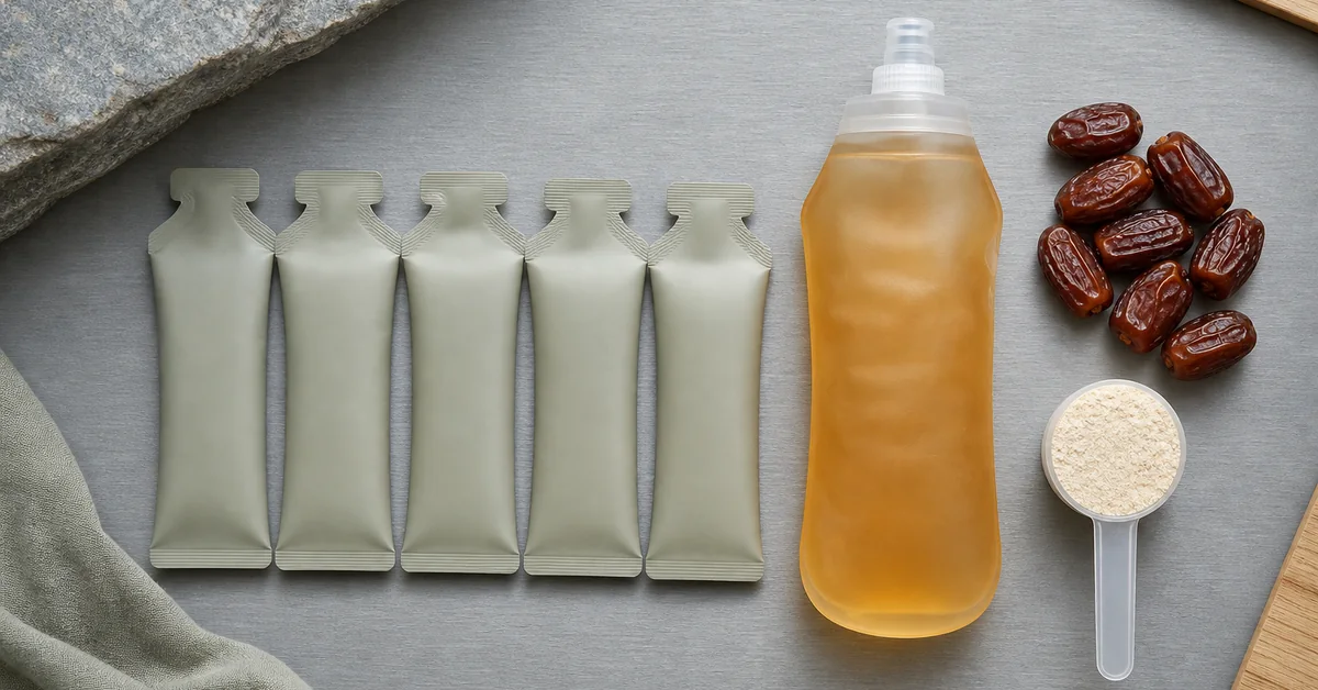 Läufer nimmt während eines langen Laufs Kohlenhydrat-Gel zu sich